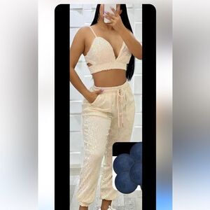 Rosevelvet set pants and top sleeveless 2 piece beige sequin New